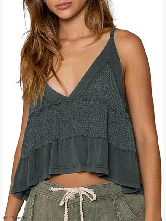 Tops - Sleeveless Peplum Babydoll Tank Top with V-Neck and Ruffle Hem